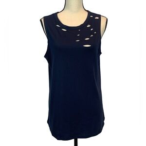 Jeanewpole1 Ripped Casual Tank Top Sleeveless Crew Neck Loose Summer - Navy Blue